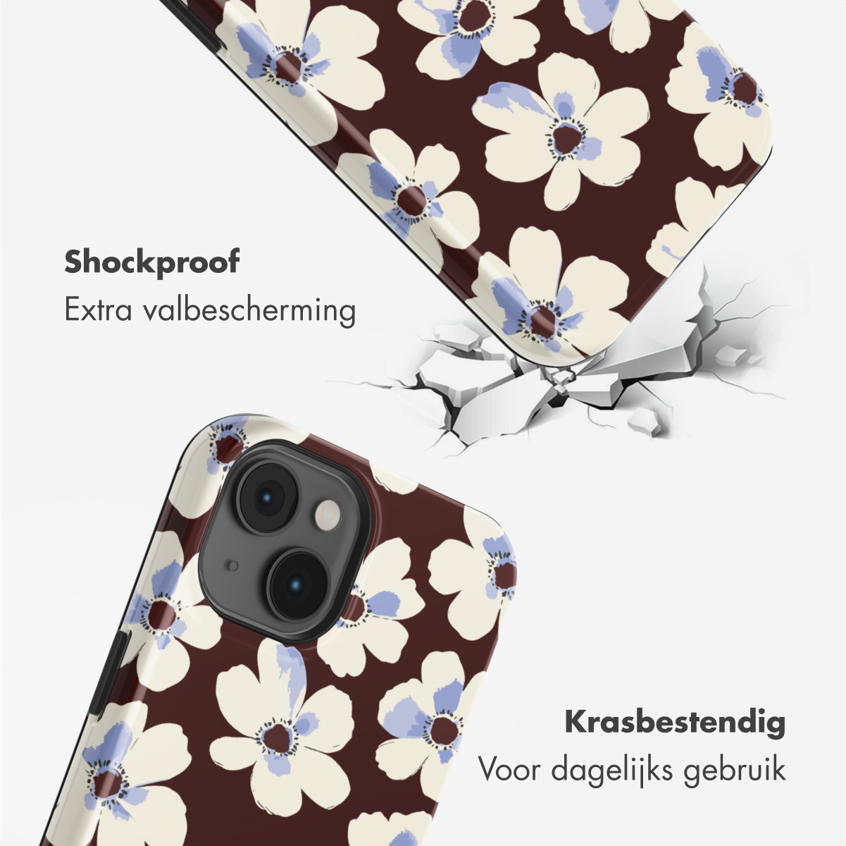 Twee telefoonhoesjes met bloemenpatroon, één breekt een oppervlak. Tekst: Schokbestendig, Krasbestendig.