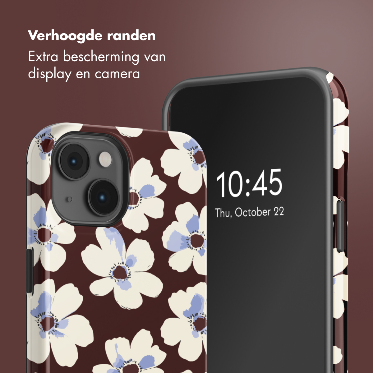 Twee telefoonhoesjes, één met bloemenpatroon, de ander met scherm met tijd. Tekst bovenaan: Extra bescherming.