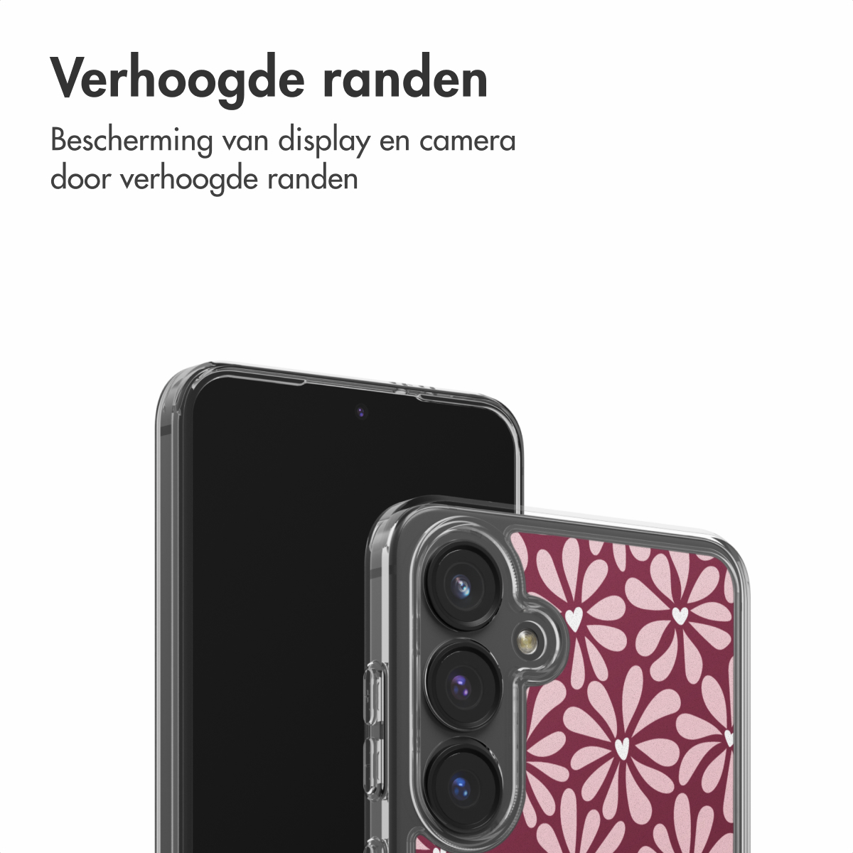 Een smartphone in een transparante hoes met een bloemenpatroon. Het scherm is zwart. De tekst bovenaan beschrijft verhoogde randen.