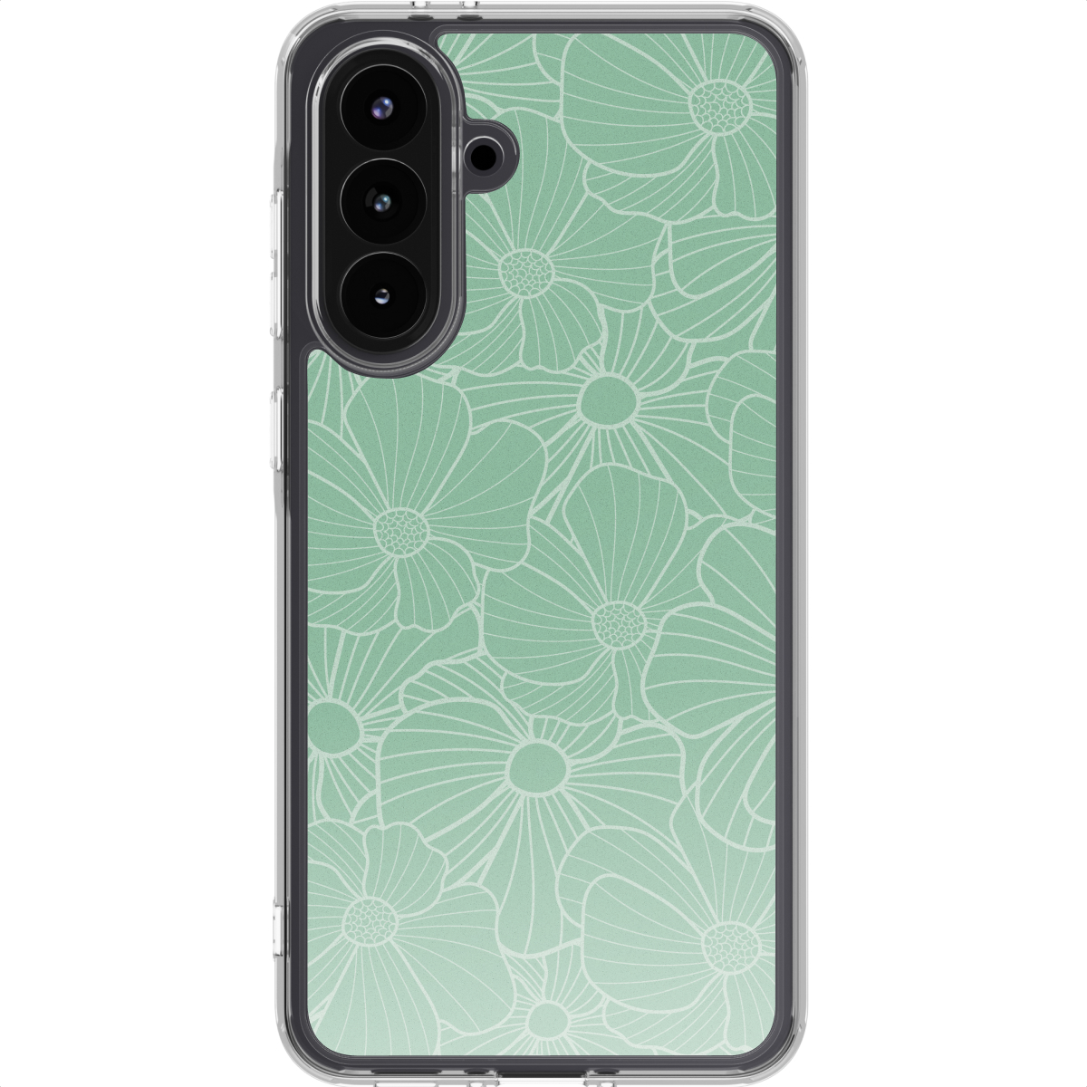 Een smartphonehoesje met een lichtgroen bloemenpatroon. De telefoon heeft een drievoudige cameralens.