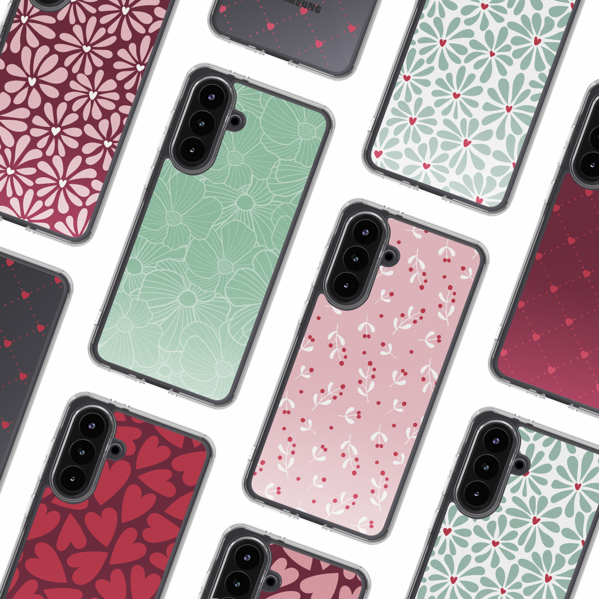 Verzameling telefoonhoesjes met verschillende patronen: bloemen, harten en bladeren. Kleuren zijn roze, groen en rood, met een witte achtergrond.