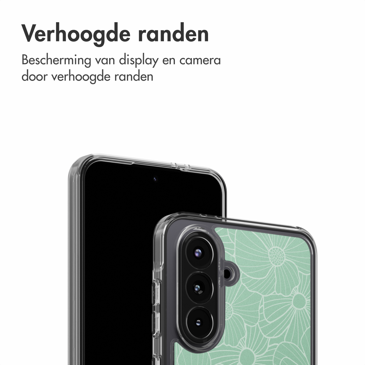 Een smartphone met een bloemenpatroon hoesje. De telefoon is zwart met een transparant hoesje. Het hoesje heeft een mintgroene achtergrond en witte bloemen.
