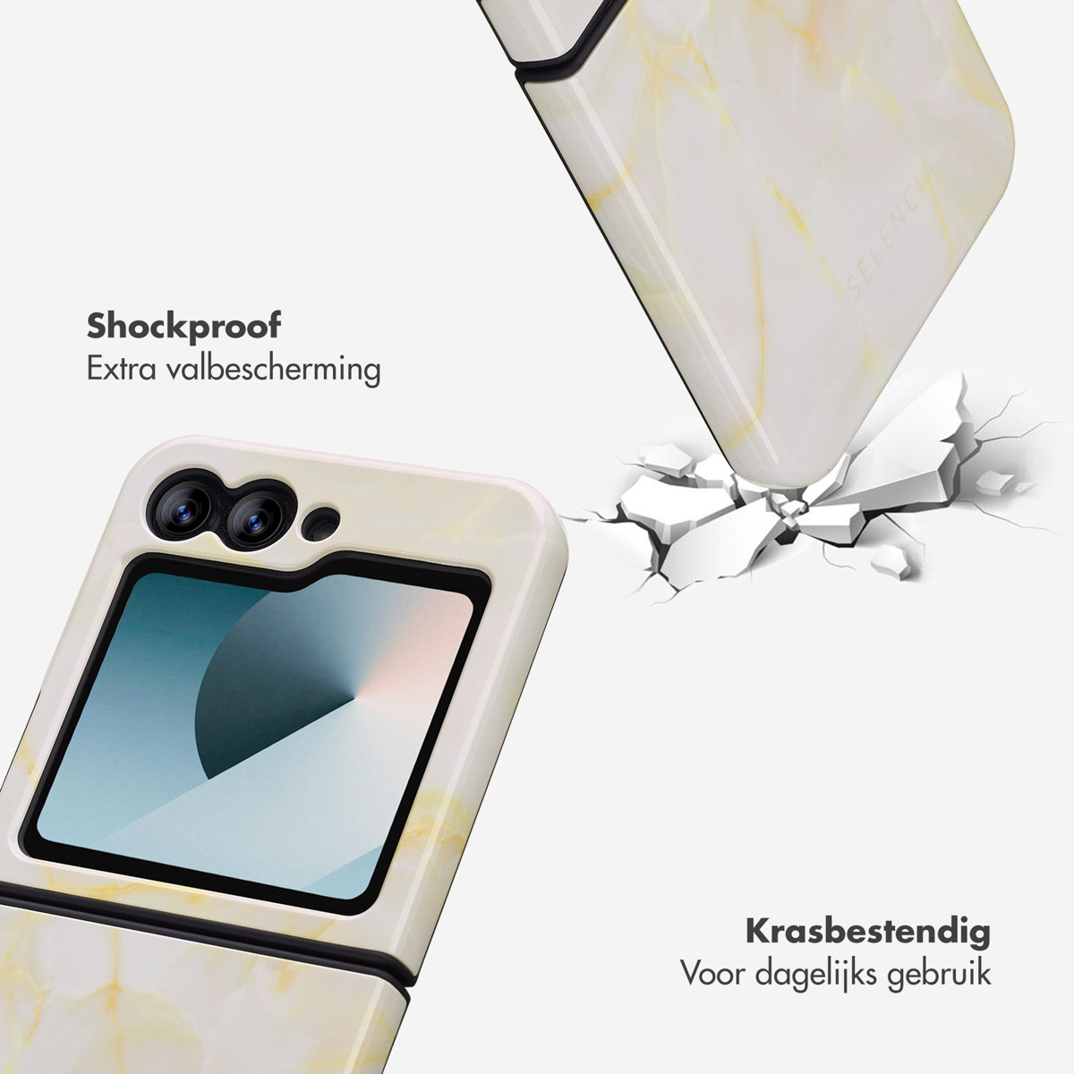 Telefoonhoesje met marmer ontwerp. Eén hoesje valt, de andere is open. Het vallende hoesje breekt het oppervlak. Tekst: schokbestendig.