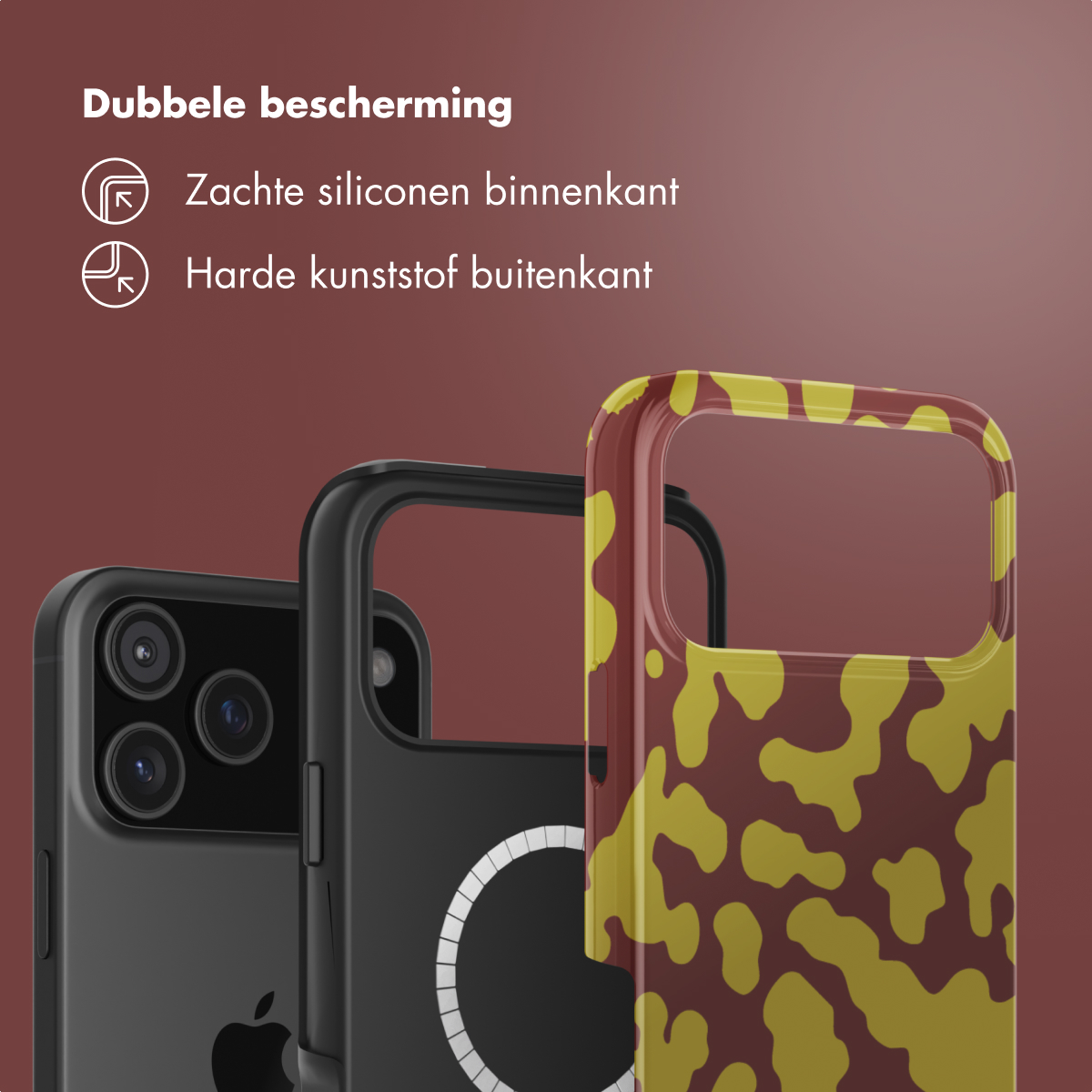 Drie telefoonhoesjes: zwart, rood en geel met patroon, en zwart. Tekst: Dubbele bescherming, zachte siliconen binnenkant, hard plastic buitenkant.