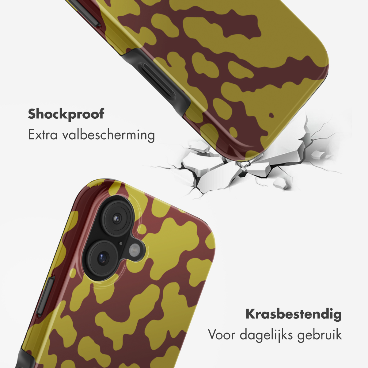 Twee telefoonhoesjes met camouflagepatroon. Eén breekt een oppervlak, de andere staat onderaan. Tekst op de afbeelding zegt schokbestendig en krasbestendig.