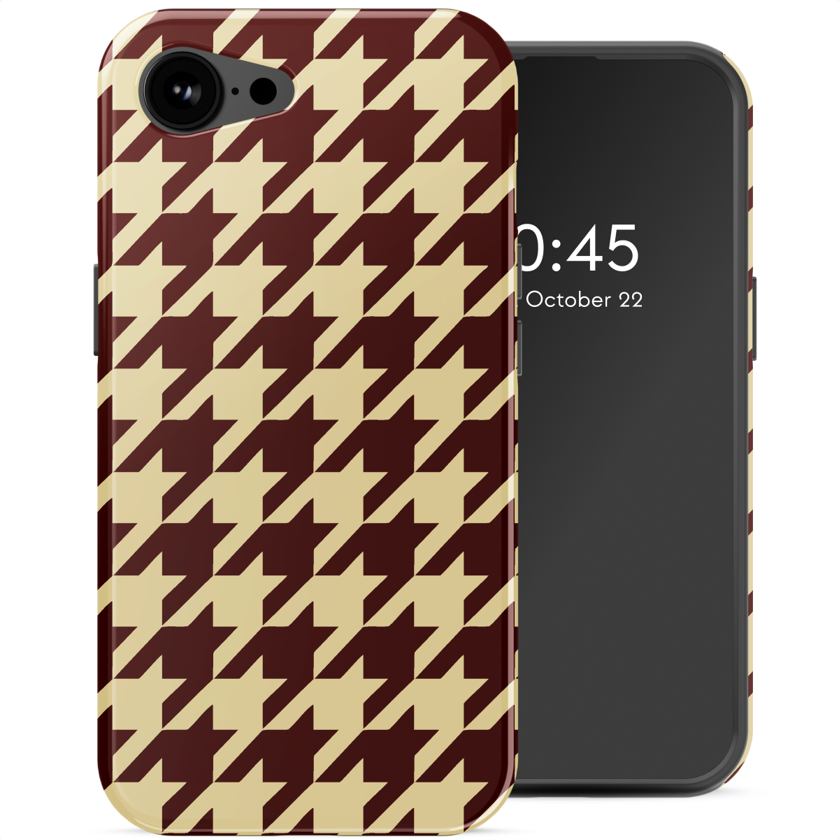 Un téléphone avec un motif pied-de-poule. L'écran affiche l'heure et la date. L'étui est marron et beige.