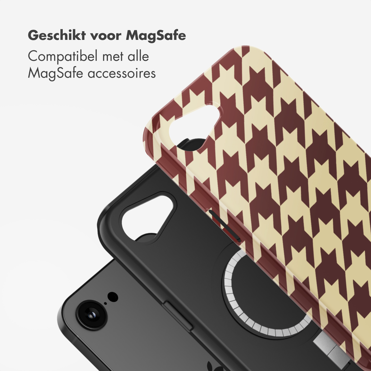 Un téléphone avec une coque à motif pied-de-poule, avec des composants noirs de téléphone et de coque sur fond blanc.
