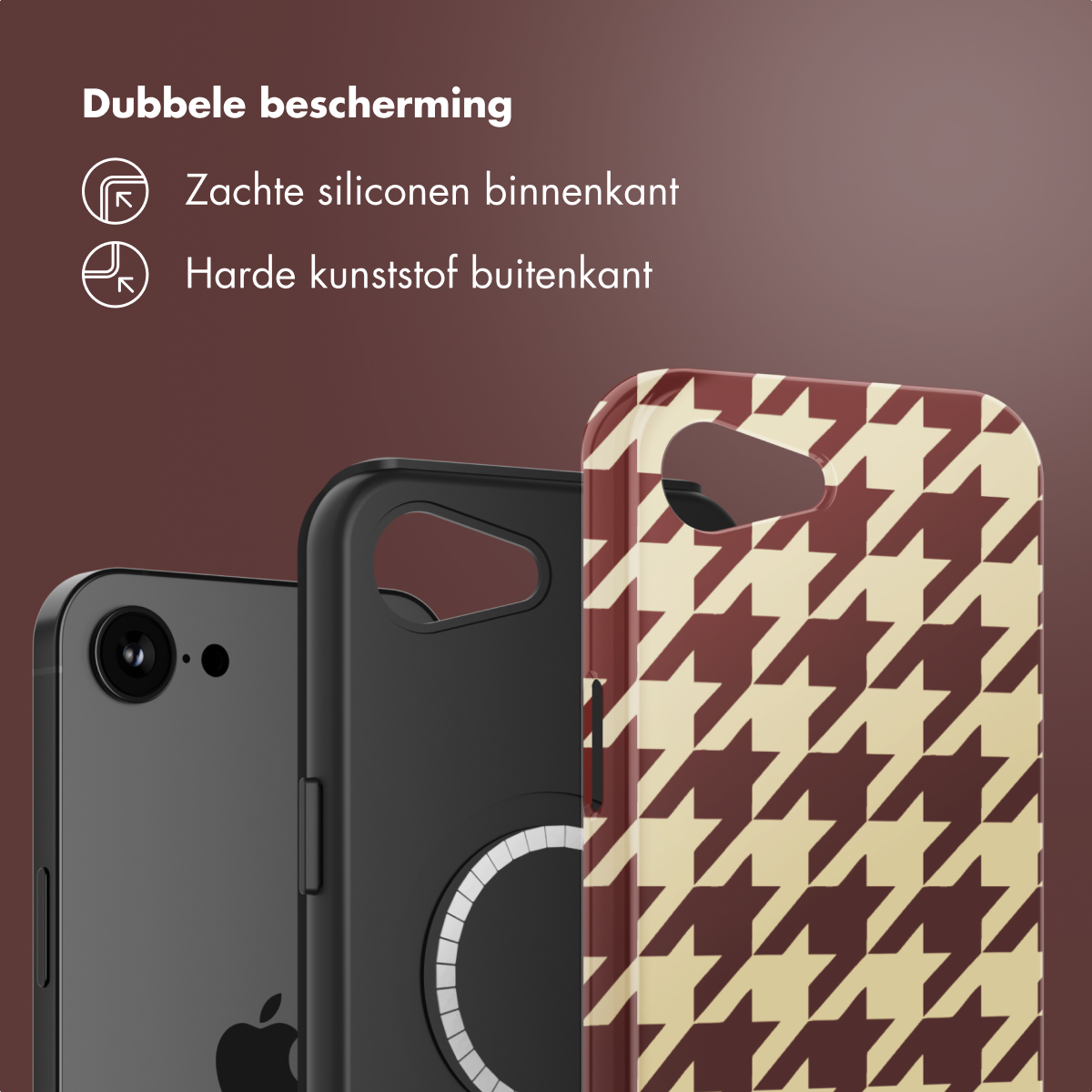 Trois coques de téléphone : une noire, une avec un motif pied-de-poule. Texte : 'Double protection'. Fond rouge-brun foncé.