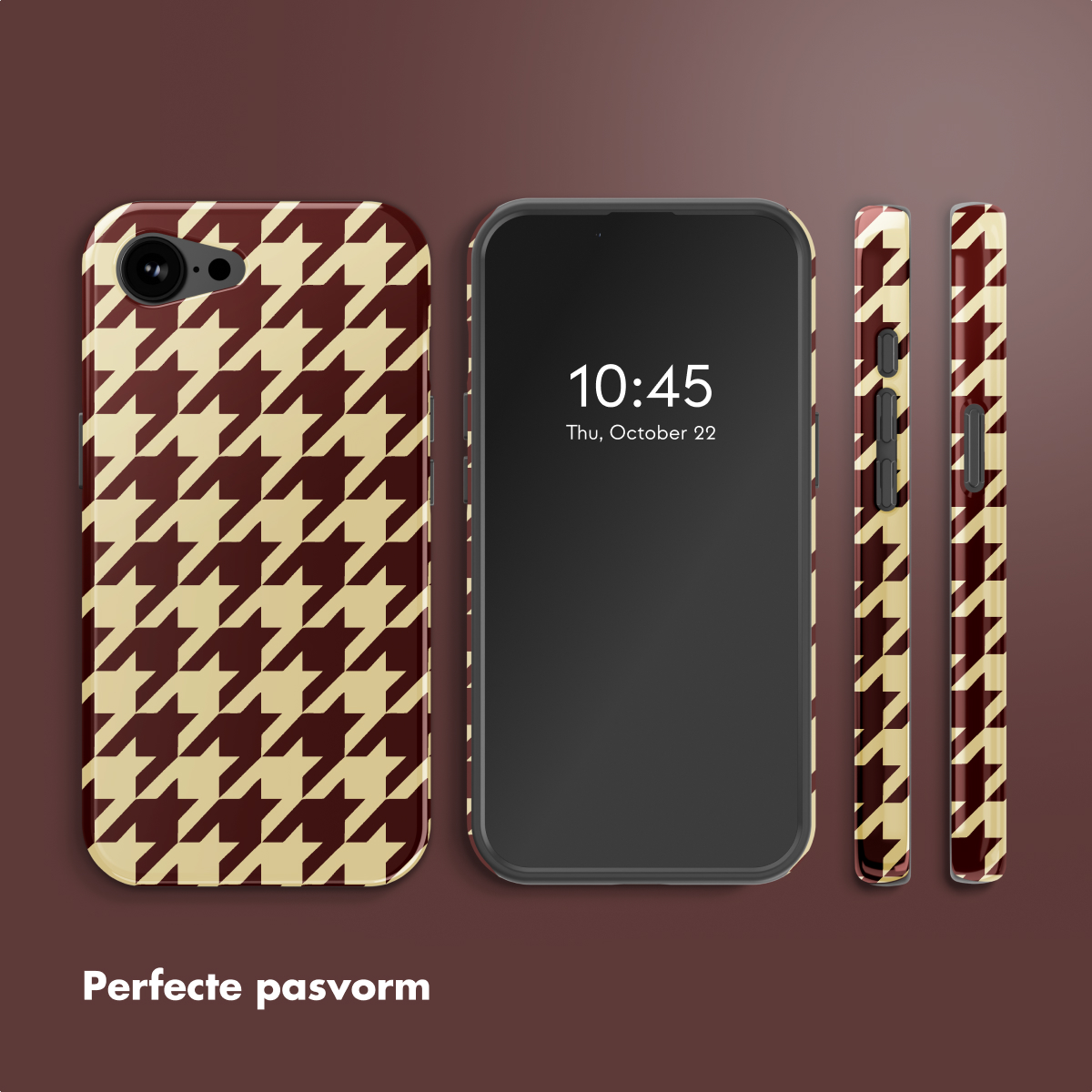 Un téléphone et son étui avec un motif pied-de-poule. Le téléphone affiche l'heure et l'étui est montré sous différents angles.