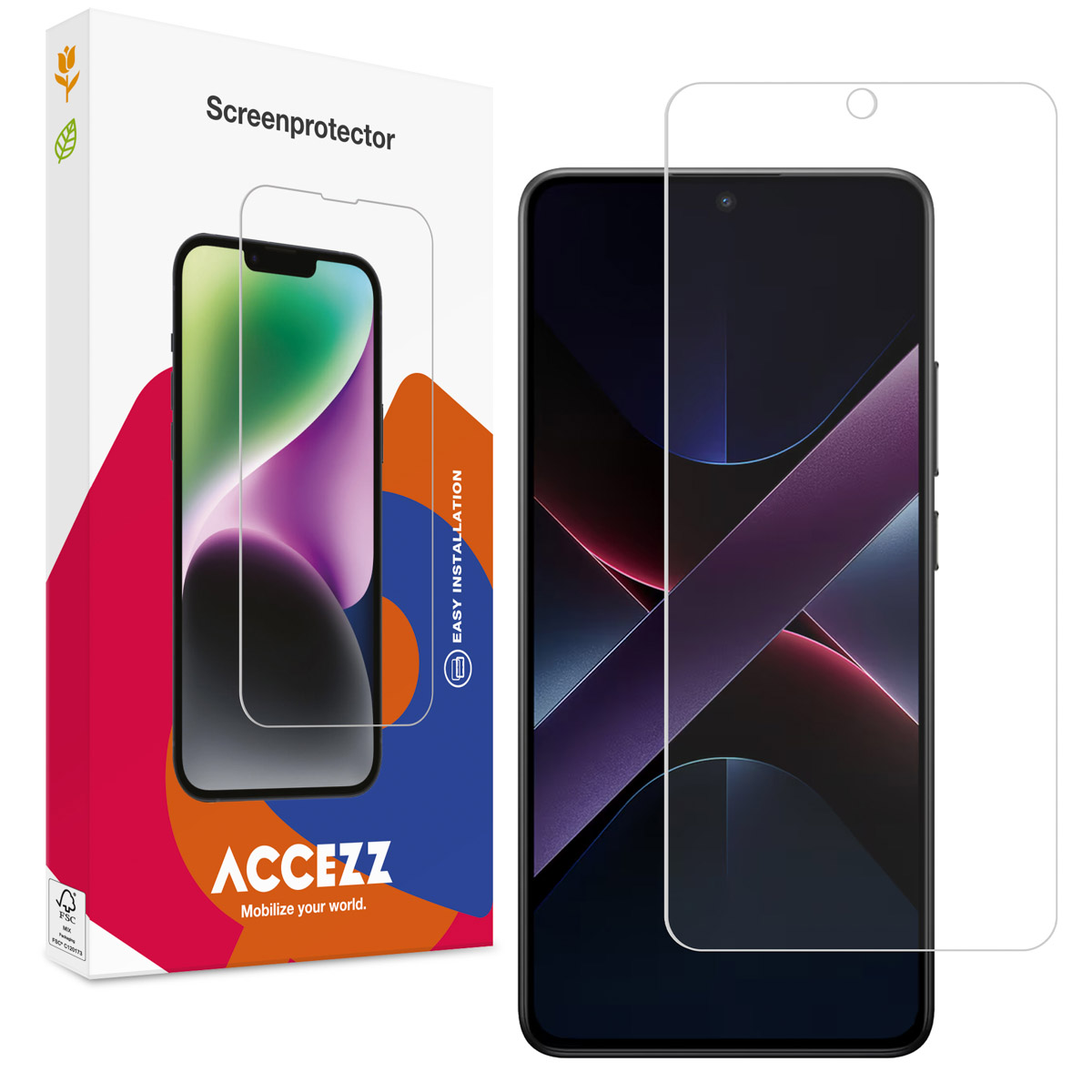 Een schermbeschermer en een telefoon worden weergegeven. De schermbeschermer is transparant en de doos is wit, rood en blauw.