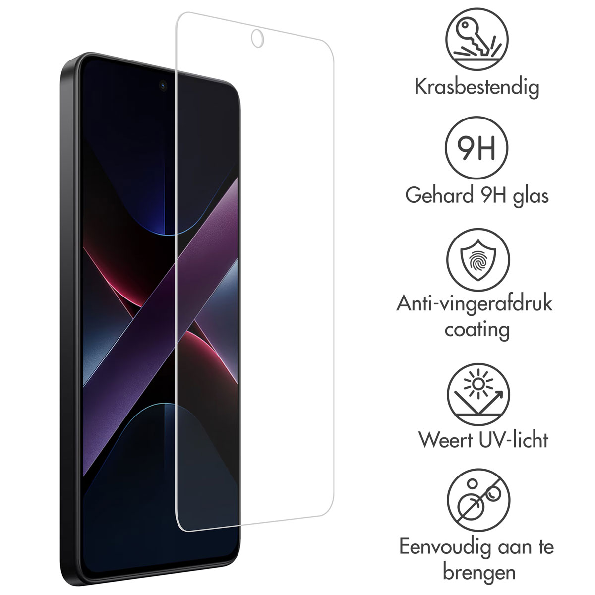 Een smartphone met een schermbeschermer. De beschermer heeft functies als krasbestendigheid, 9H glas en UV-bescherming. Tekst in het Nederlands.