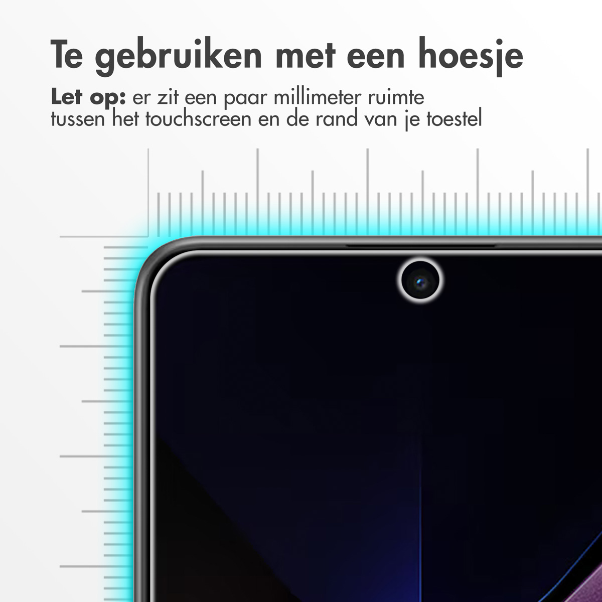 Een smartphonescherm met een zwarte achtergrond. Tekst bovenaan luidt 'Te gebruiken met een hoesje'. Een camera is zichtbaar bovenaan.