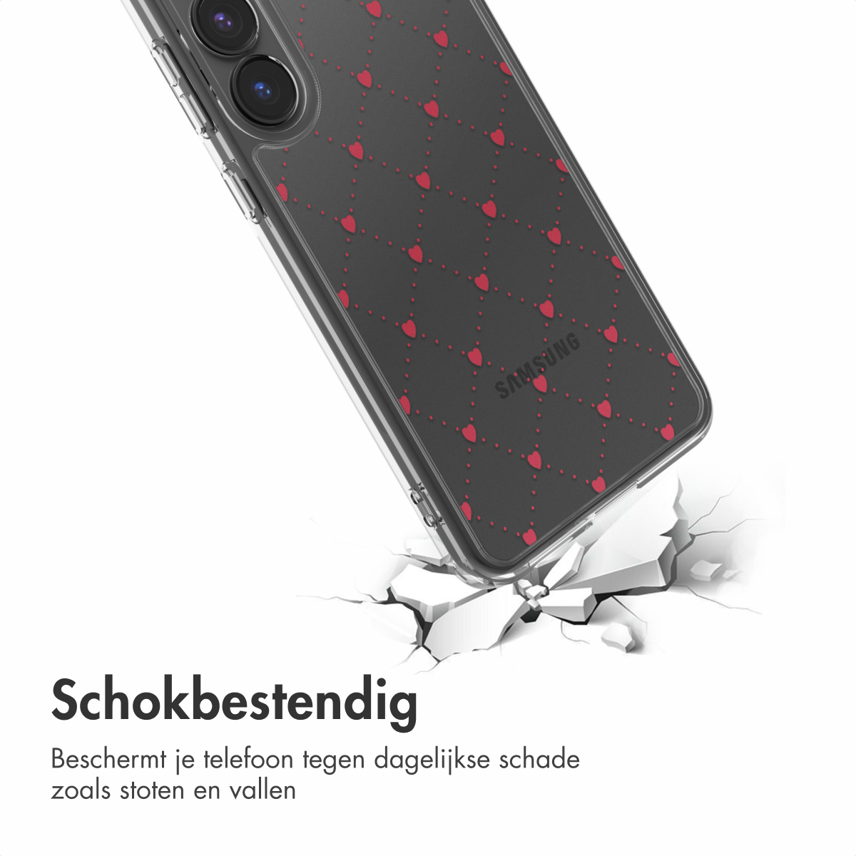 Een telefoonhoesje met rode harten op een zwarte achtergrond, dat een wit oppervlak lijkt te breken. De telefoon heeft een Samsung-logo.