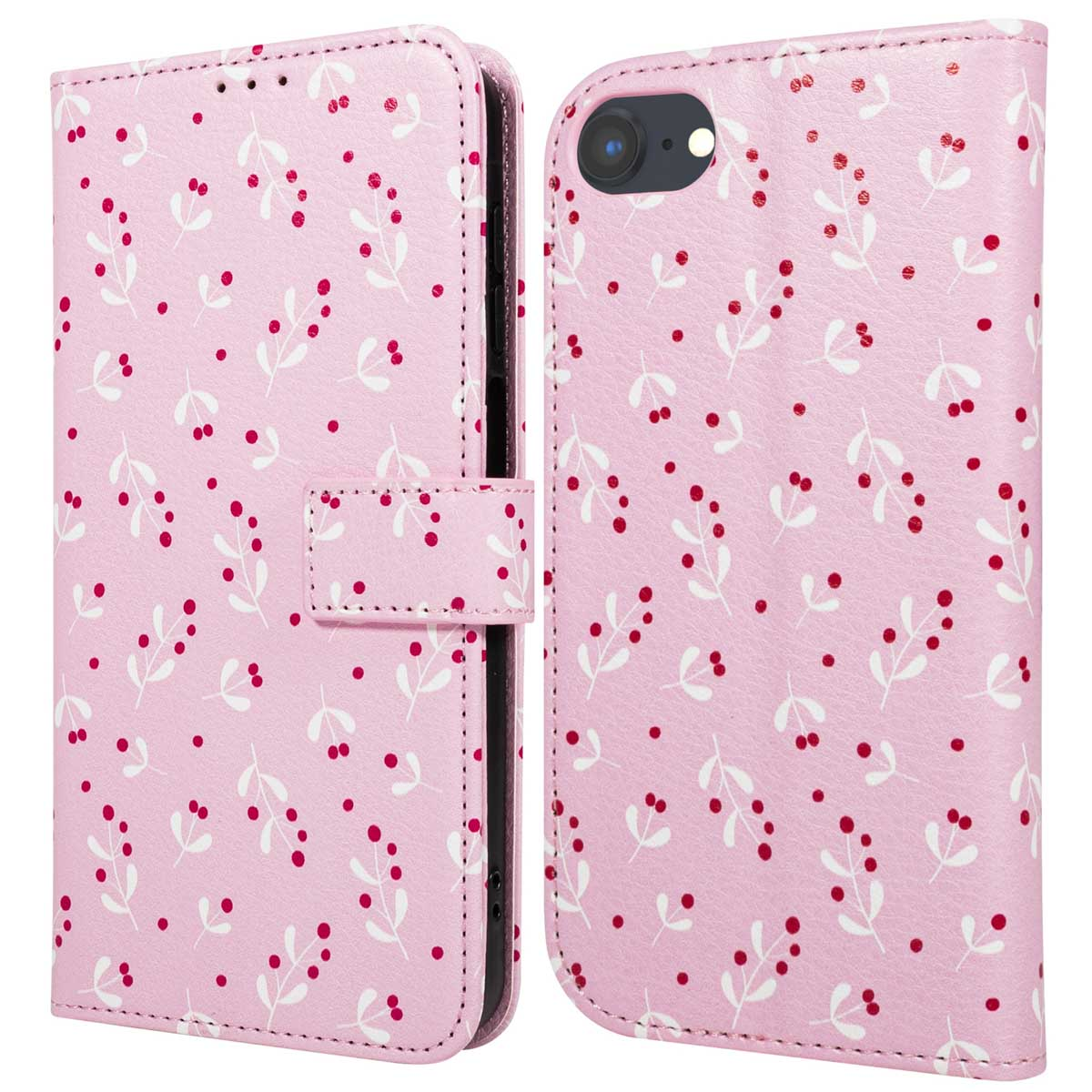 Custodia rosa per telefono con foglie bianche e bacche rosse. La custodia è aperta, mostra il telefono. Una chiusura la tiene chiusa.
