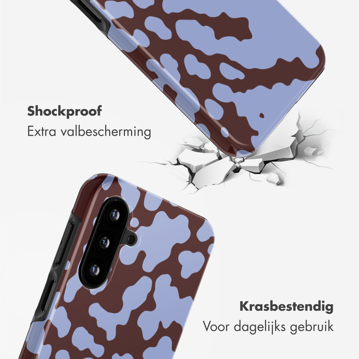 Twee telefoonhoesjes met een bruin en blauw patroon. Eén hoesje is gebarsten, de andere is intact. Tekst: Schokbestendig en krasbestendig.