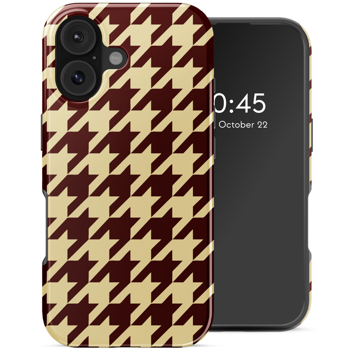 Een telefoon met een hoesje met pied-de-poule patroon. Het scherm toont de tijd en datum. De hoes is bordeauxrood en beige.