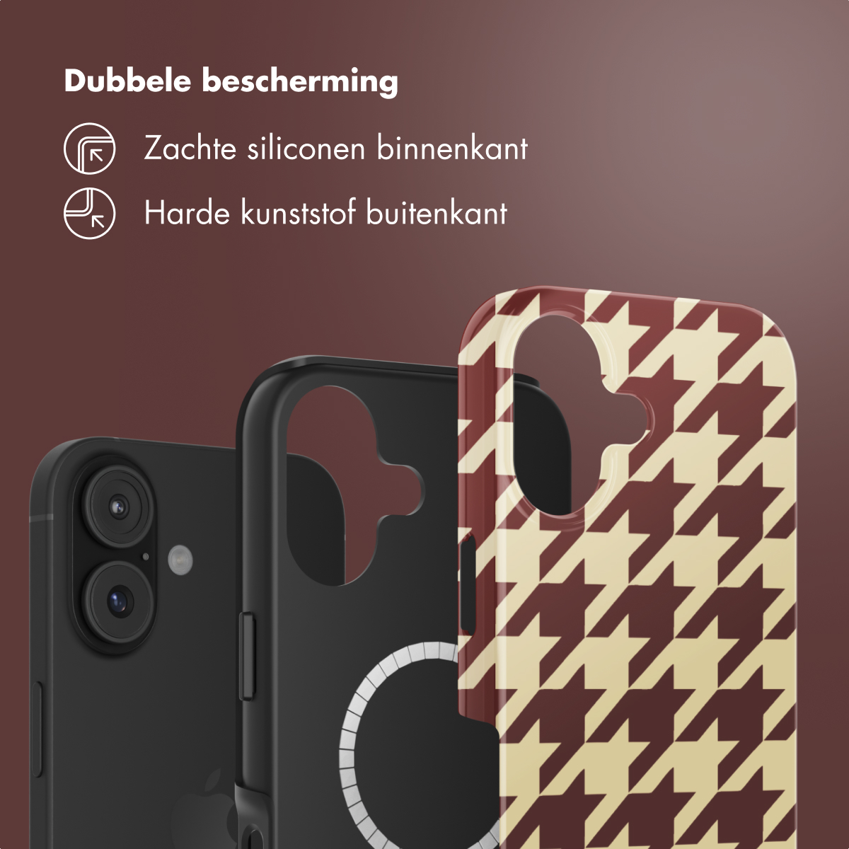 Afbeelding toont drie telefoonhoesjes. Eén is zwart, één heeft een hondenpootpatroon en een ander met een witte ring.