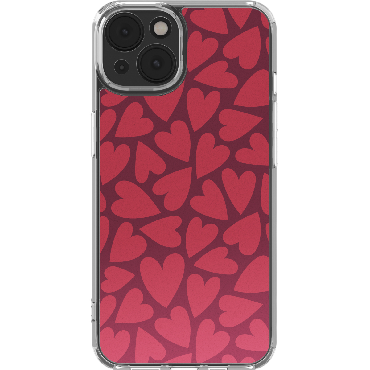 Une coque de téléphone avec un motif de cœurs rouges sur un fond bordeaux. Le téléphone a une coque transparente.