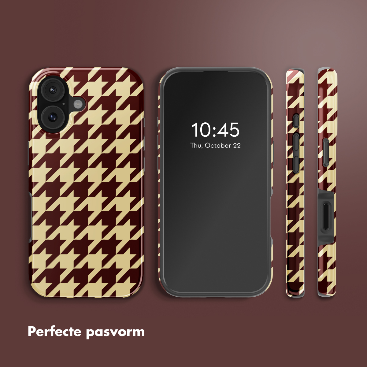 Een telefoon met een patroonhoesje, het scherm toont tijd en datum. De hoes en zijkanten zijn zichtbaar, met het ontwerp.