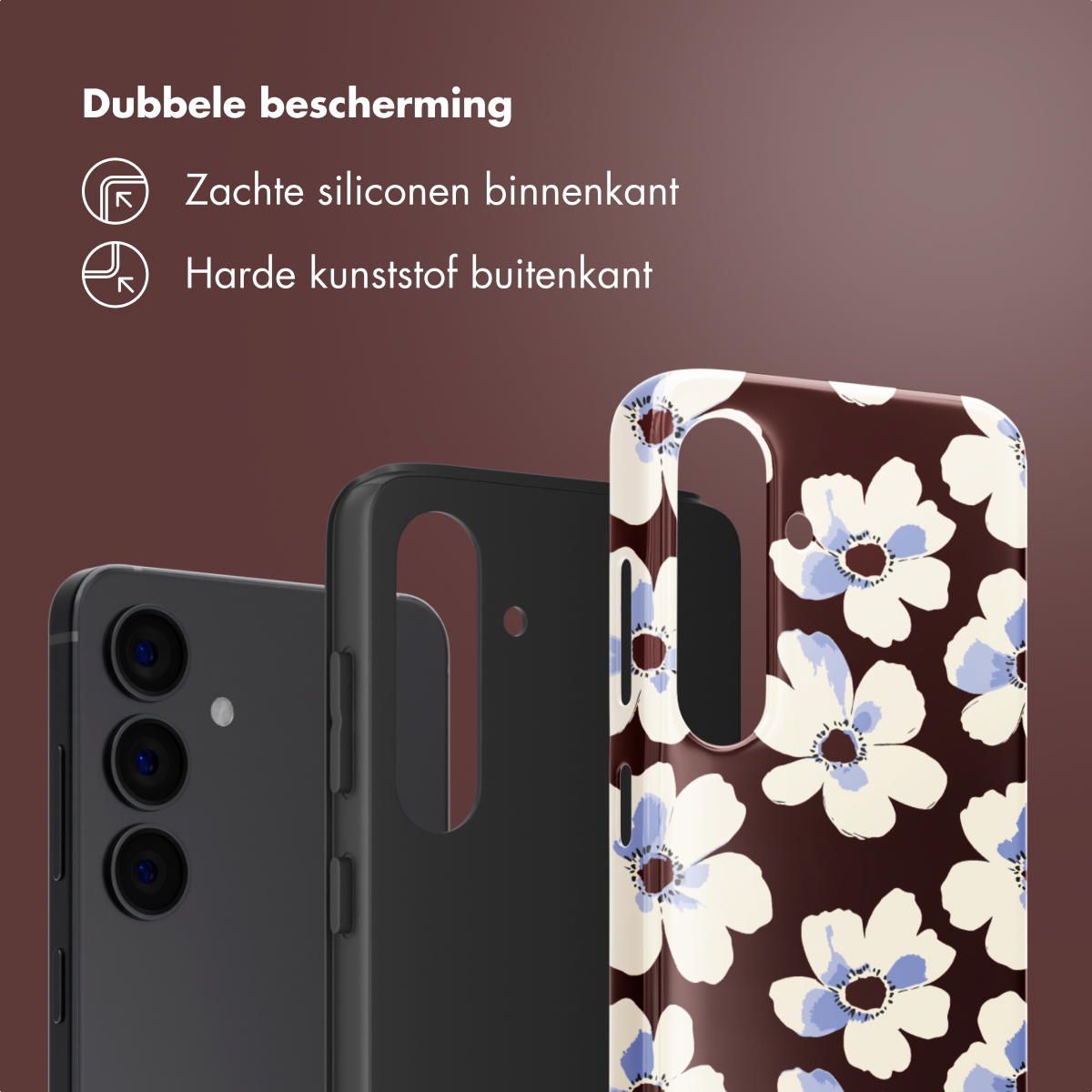 L'immagine mostra un telefono con una custodia. La custodia ha fiori bianchi su sfondo marrone. C'è una custodia nera e un telefono.