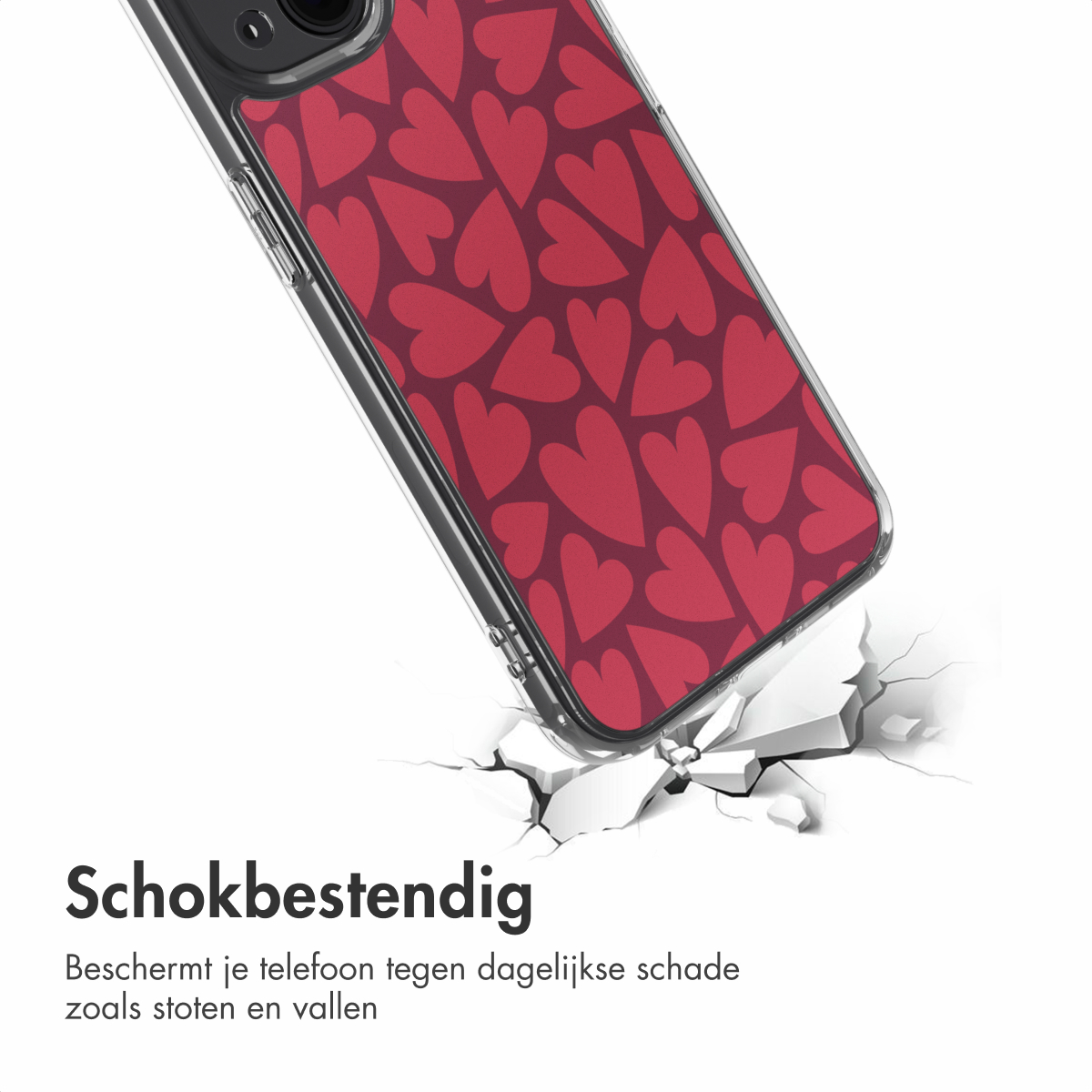 Une coque de téléphone avec des cœurs rouges sur fond bordeaux brise une surface blanche. Texte: 'résistant aux chocs'.
