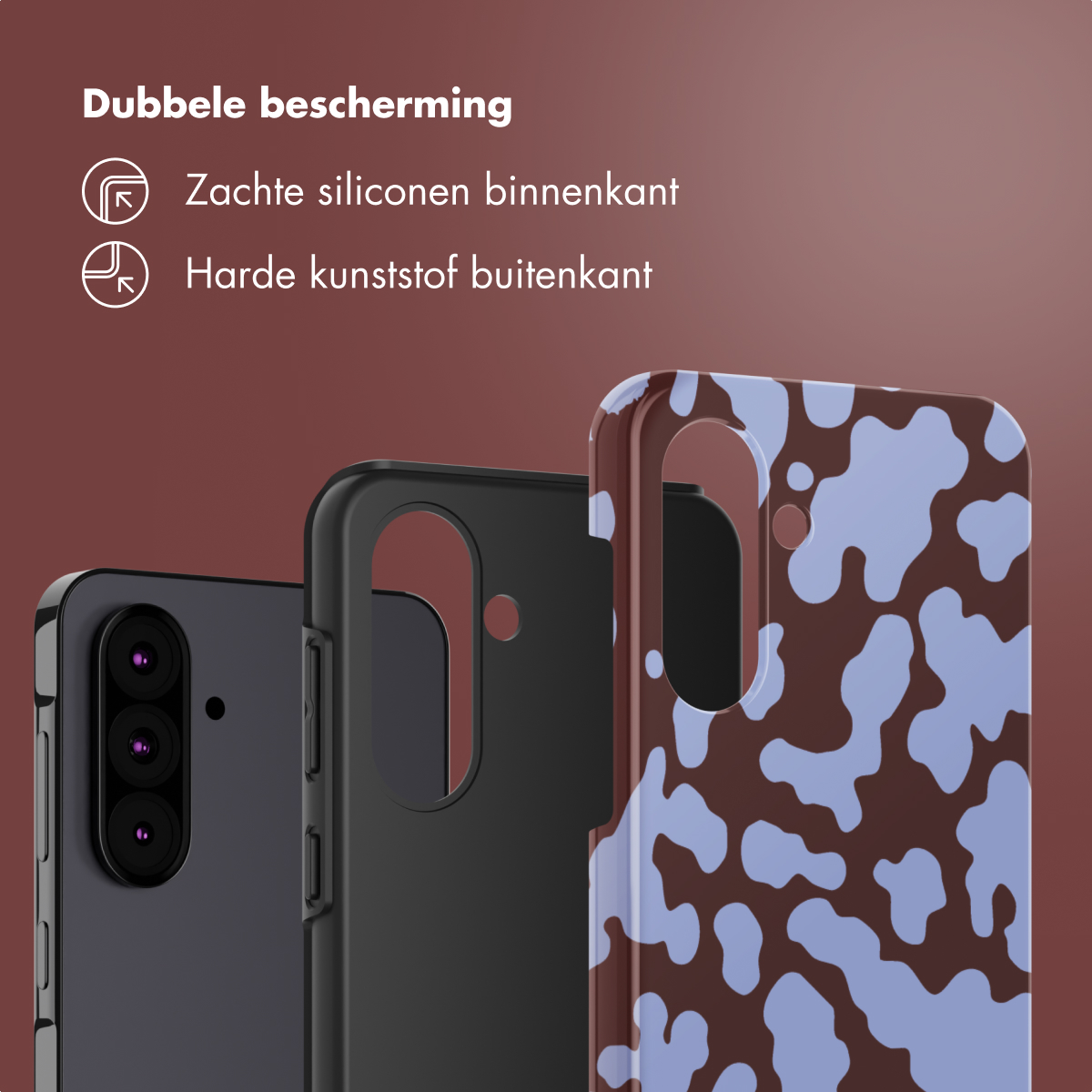 L'immagine mostra custodie per telefoni: nera, marrone con macchie blu e un telefono. Il testo olandese indica una doppia protezione.