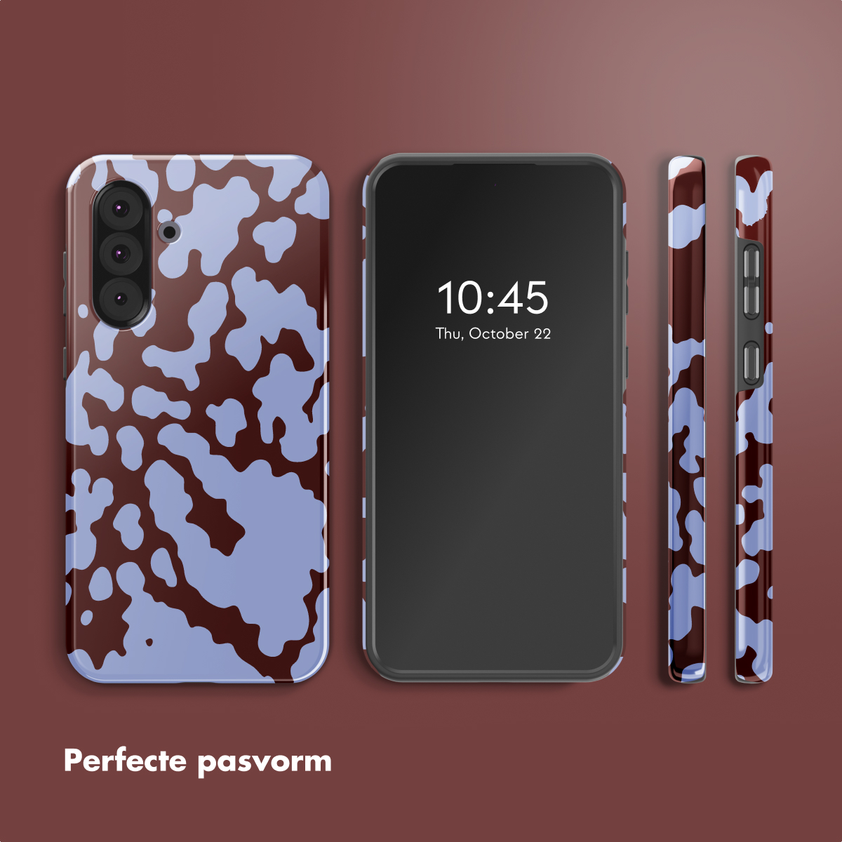 Telefono con custodia, display alle 10:45, 22 ottobre. Custodia e telefono hanno un motivo marrone e blu. Sfondo marrone.