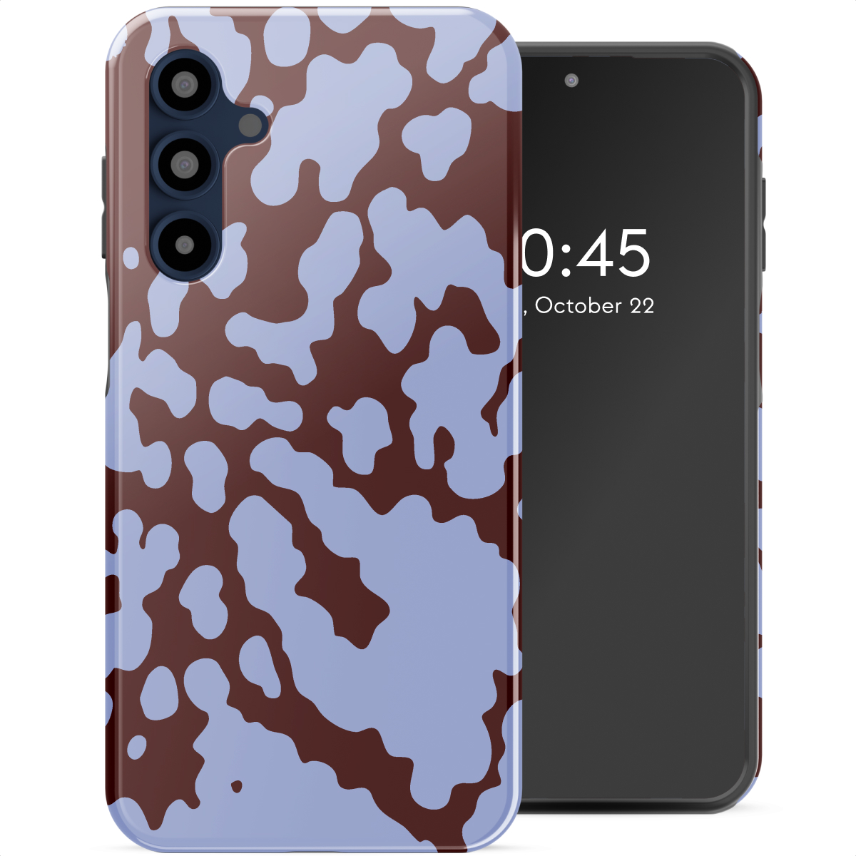 Smartphone met een bruine en lichtblauwe patroonhoes. Het scherm toont de tijd 0:45, 22 oktober.