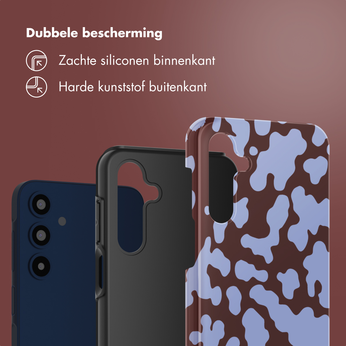 Drie telefoonhoesjes: blauw, zwart en met patroon. De hoes met patroon is bruin met lichtblauwe vlekken. Tekst: 'Dubbele bescherming'.