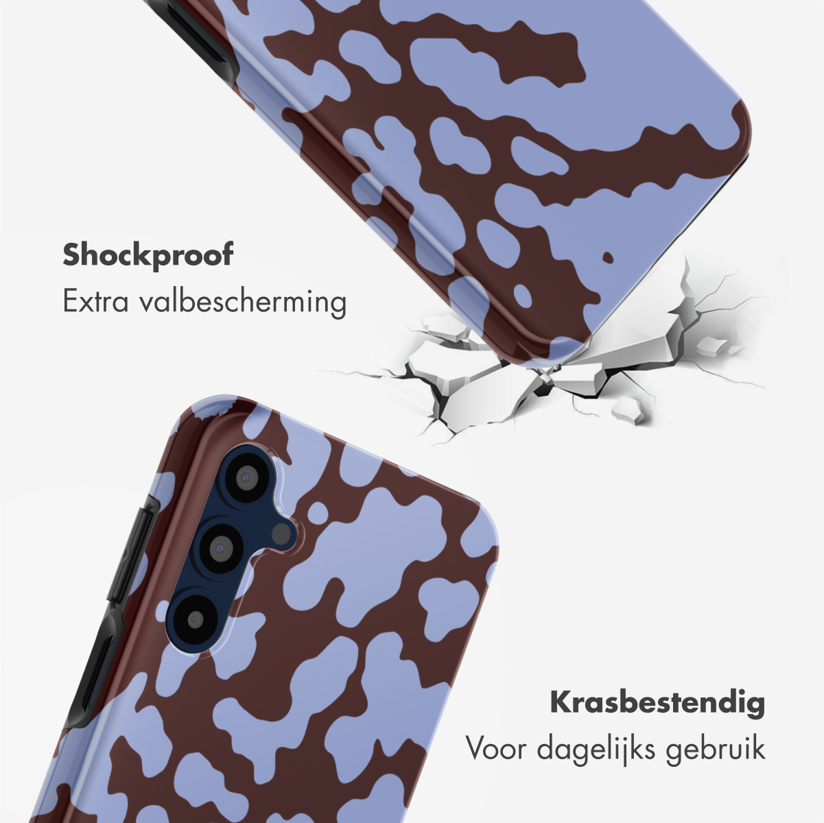 Er worden twee telefoonhoesjes met een bruin en blauw patroon getoond. Eén valt en de andere ligt op de grond. Schokbestendig en krasbestendig.