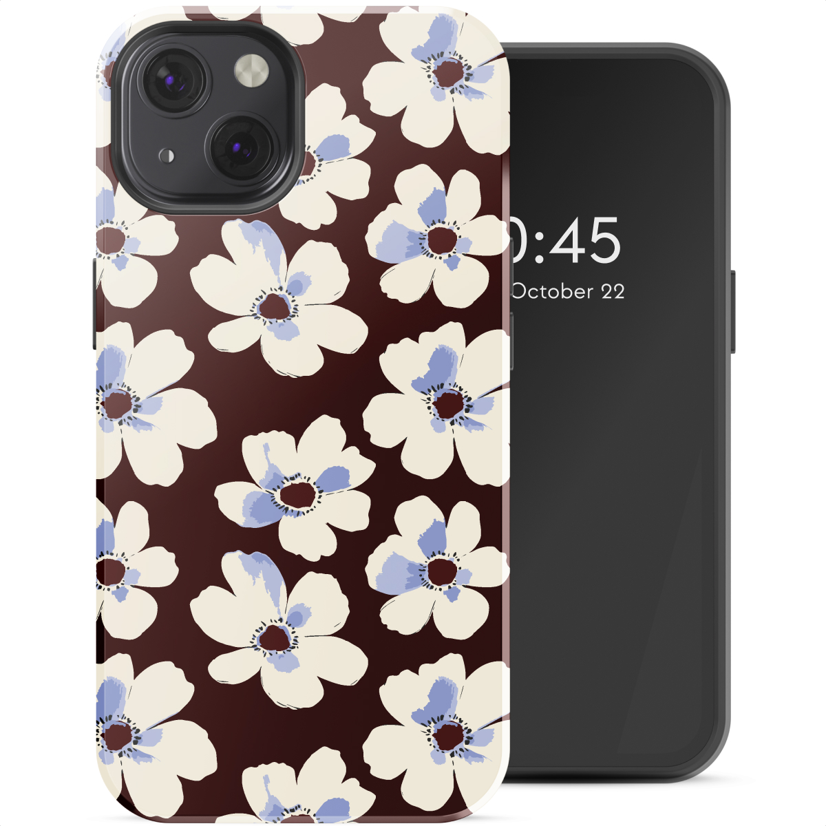 Telefono con custodia floreale con fiori bianchi con centri blu su sfondo marrone. Telefono nero a destra.