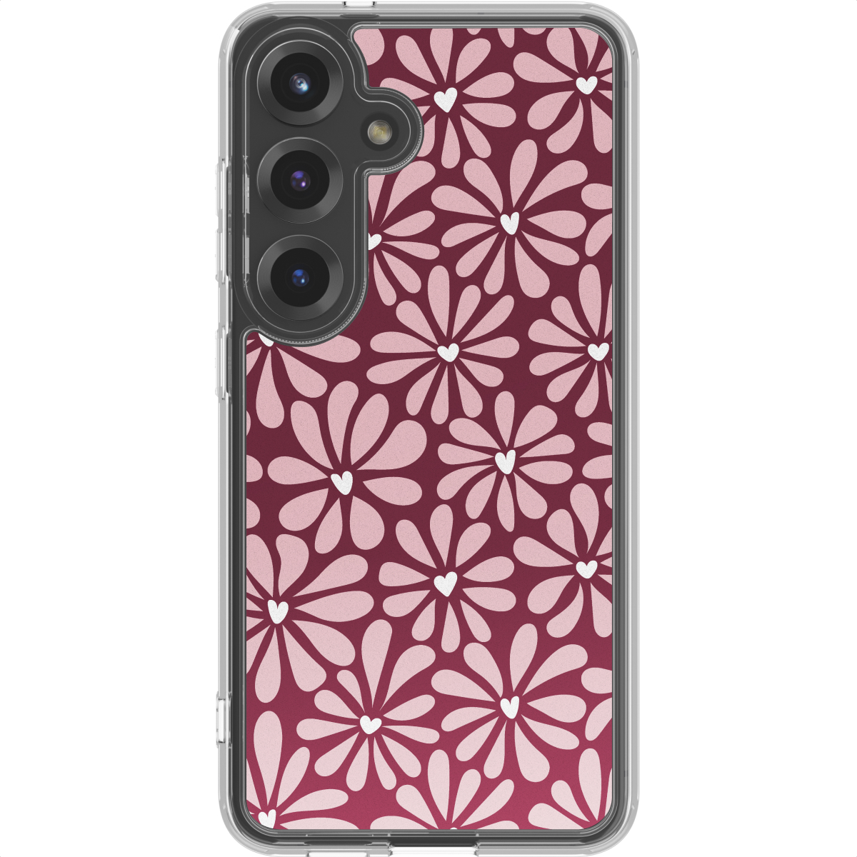 Een telefoonhoesje met bloemenpatroon. De bloemen zijn roze met witte hartjes op een bordeauxrode achtergrond.