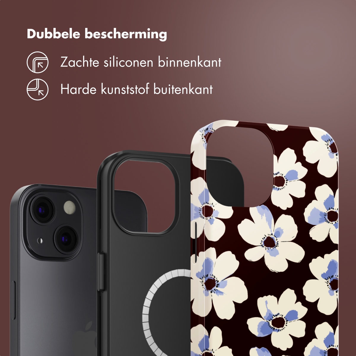 Tre custodie per telefoni con sfondo marrone. Una è nera, una nera con un cerchio e una floreale con fiori bianchi e blu.