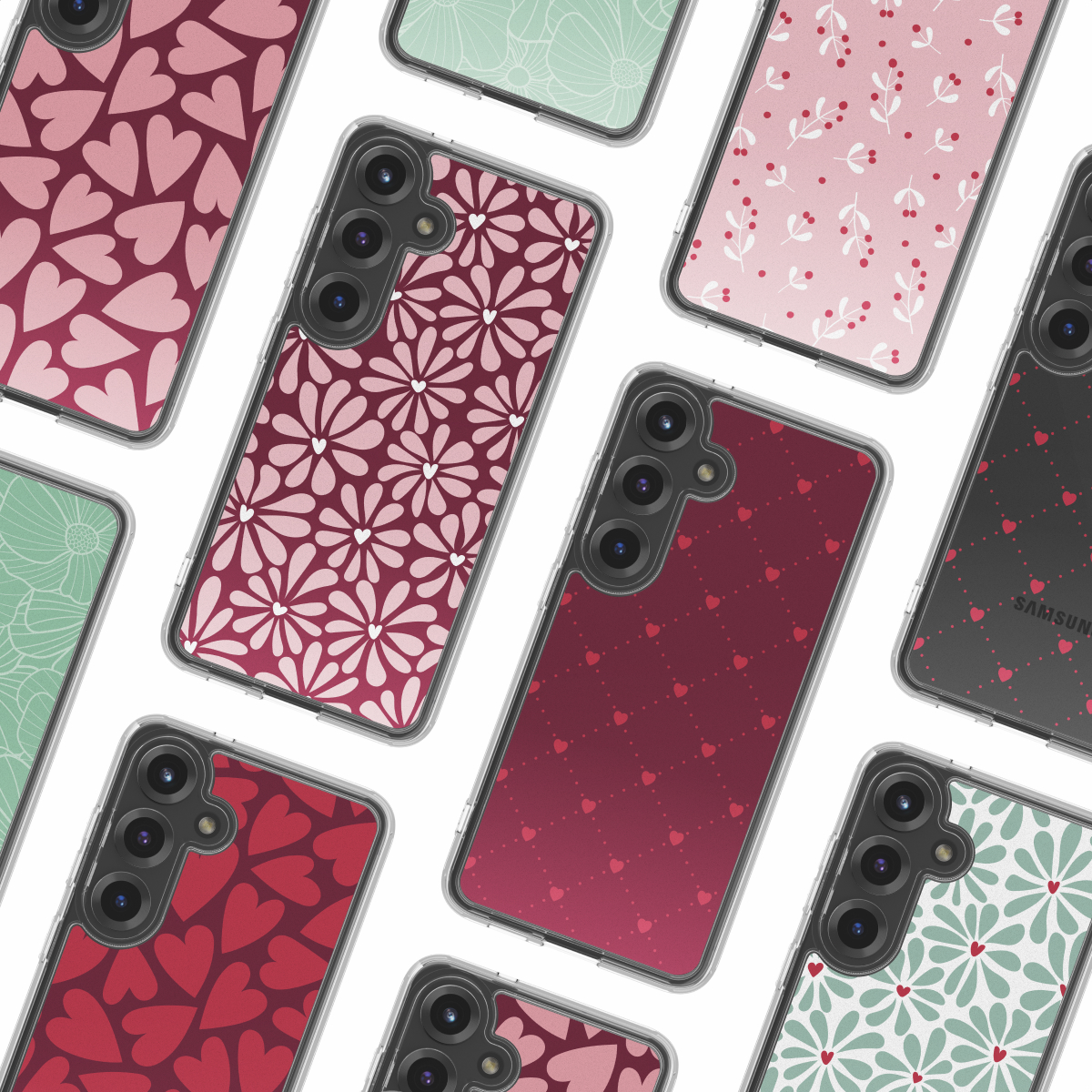 Verschillende telefoonhoesjes met bloemen- en hartpatronen. Kleuren zijn rood, roze en groen, geplaatst tegen een witte achtergrond.