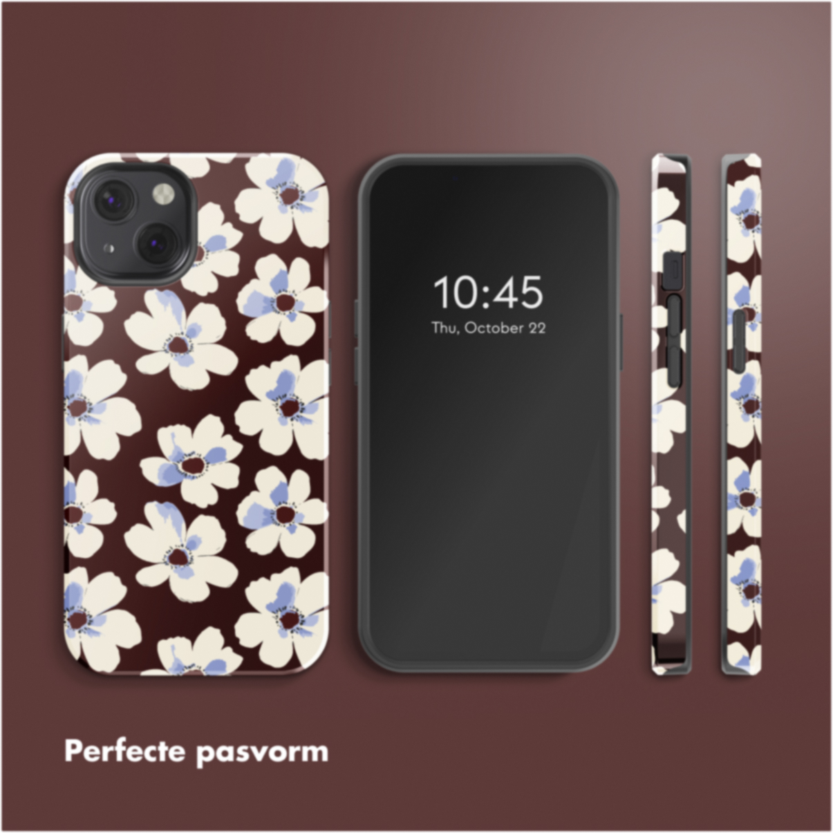 Un iPhone con custodia floreale è esposto, insieme ai lati della custodia, il tutto su sfondo scuro. Il telefono mostra l'ora.