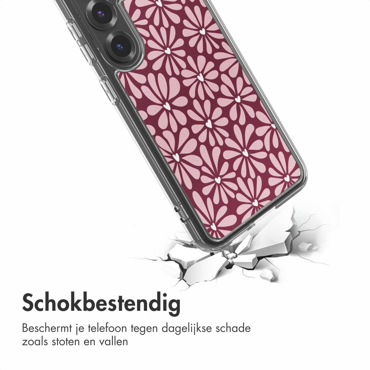 Telefoon in een bloemenhoesje, met een vergelijkbaar patroon op het scherm. De telefoon breekt door een oppervlak, met het woord "Schokbestendig" eronder.