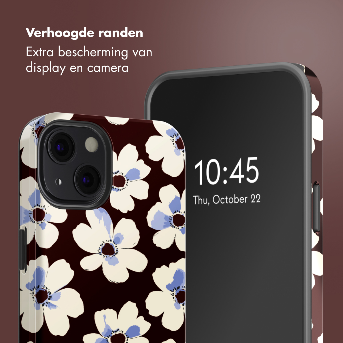 Due custodie per telefono, una con fotocamera e motivo floreale, l'altra con l'ora sullo schermo. Entrambe hanno bordi protettivi.