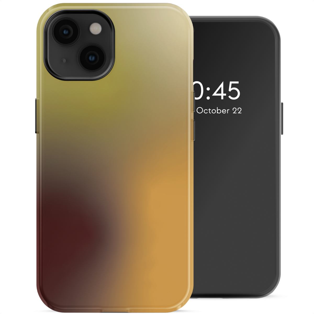Uno smartphone con custodia sfumata, che mostra le 0:45 e il 22 ottobre. La custodia passa dal verde al marrone. Telefono nero su bianco.