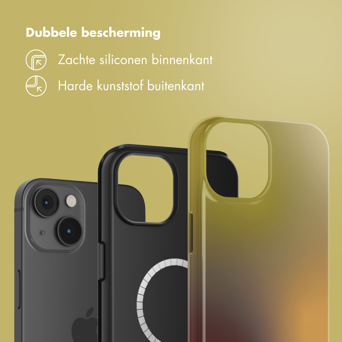 Tre custodie per telefono in diversi colori: nero, nero con anello bianco e sfumatura da giallo a marrone. Testo: Doppia protezione.