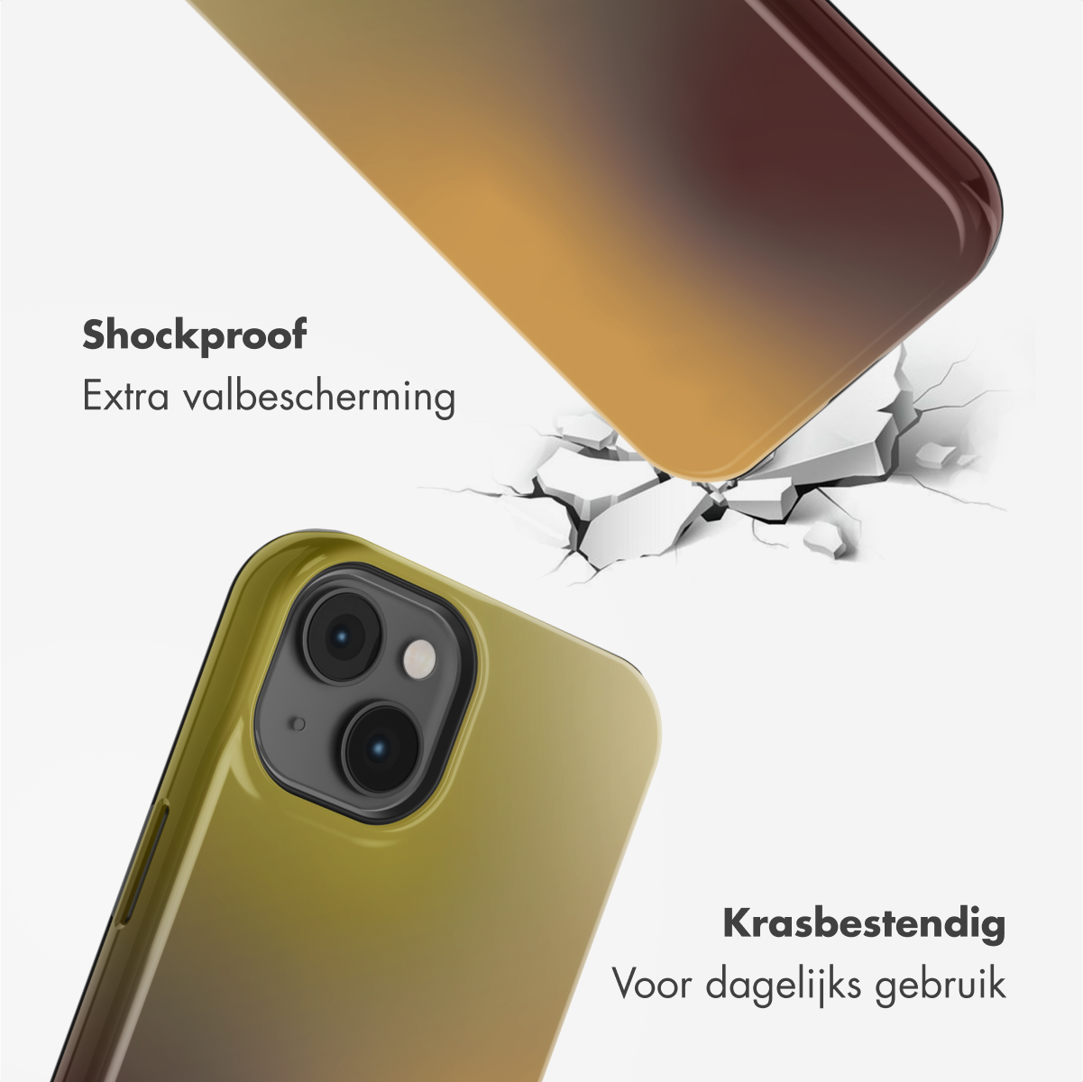 Una custodia per telefono con sfumatura di colori, che copre parzialmente un telefono. Testo: Antiurto, antigraffio. Effetto crepa sotto.