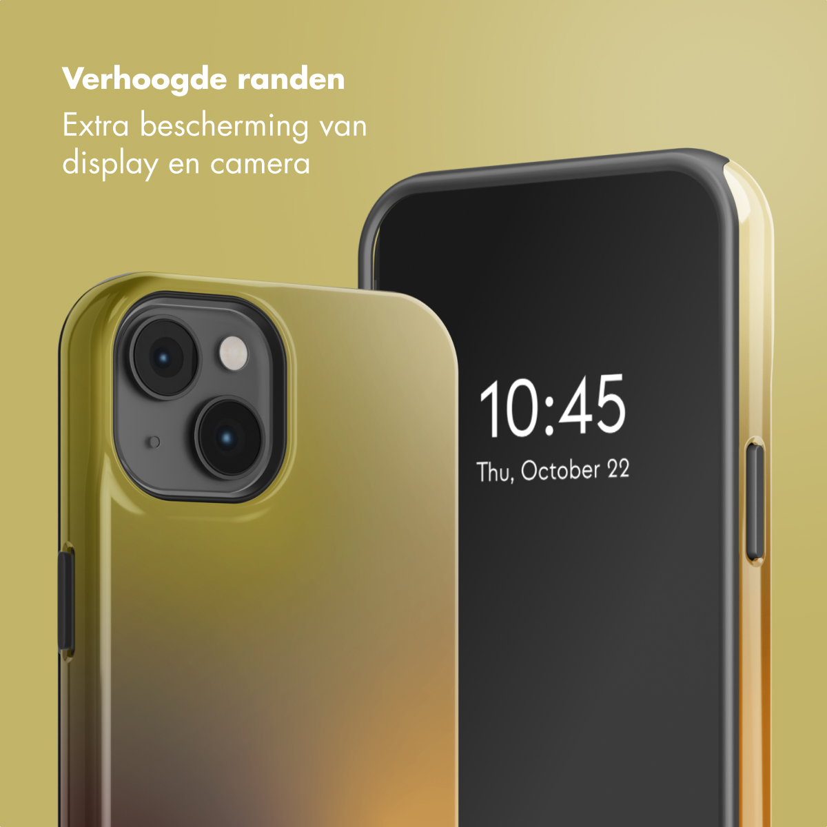 Due smartphone in custodie con bordi rialzati. Uno mostra la fotocamera, l'altro ha uno schermo con ora e data.