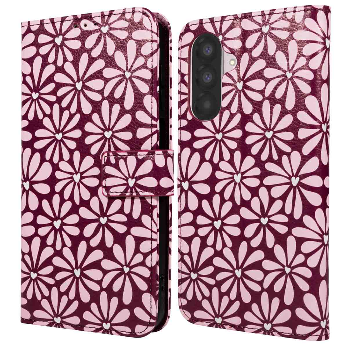 Een telefoonhoesje in twee delen. Het is donkerroze met een bloemmotief van witte bloemen met hartvormige centra.