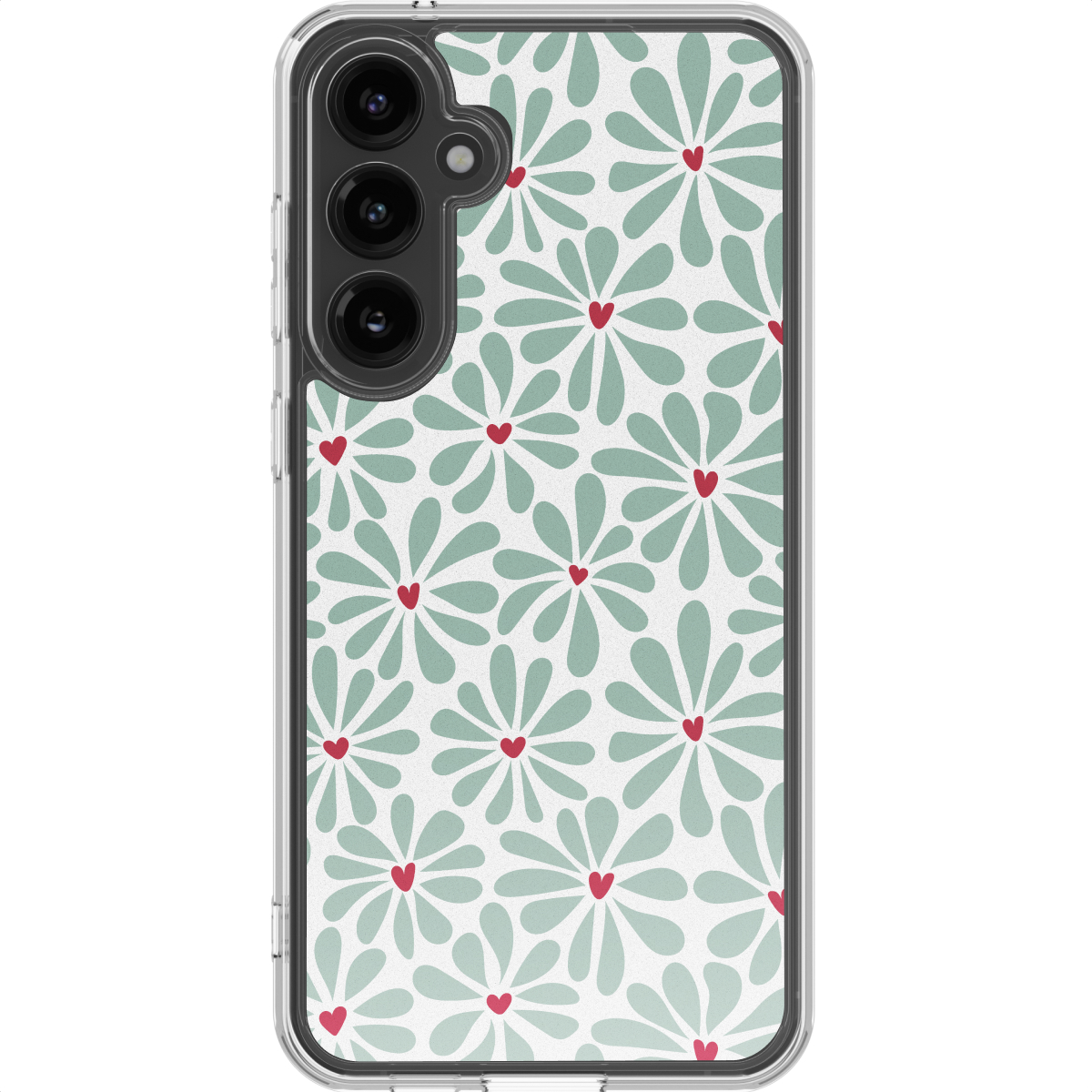 Een telefoonhoesje met bloemenpatroon. Lichtgroene bloemen met rode hartjes op een witte achtergrond. Transparante hoes.