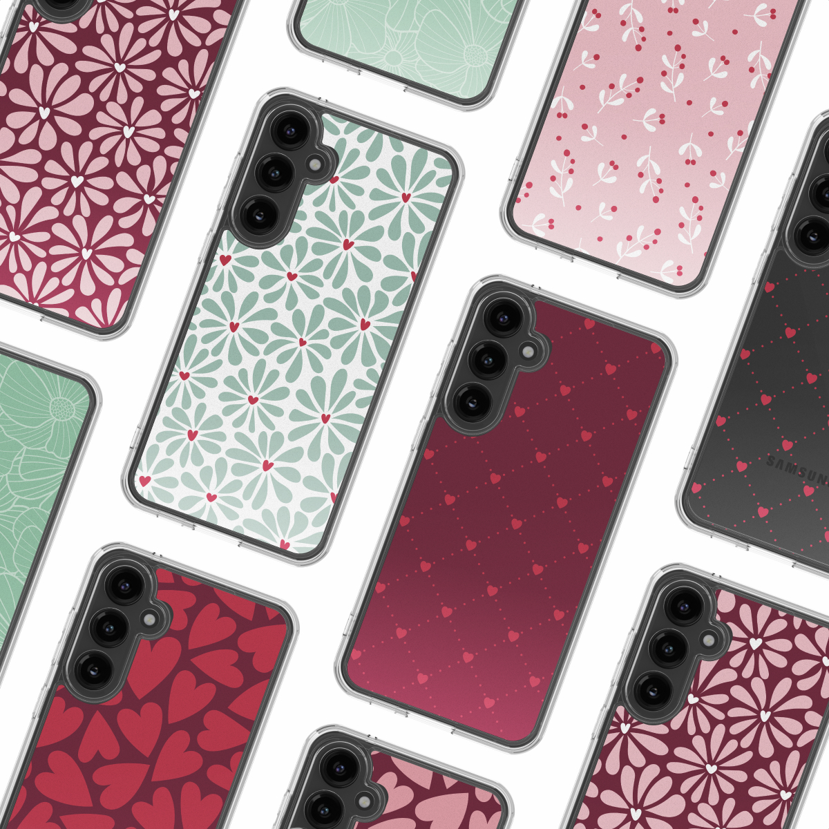 Verschillende telefoonhoesjes met verschillende patronen, waaronder bloemen, harten en bladeren. De hoesjes zijn in verschillende kleuren, zoals roze en rood.