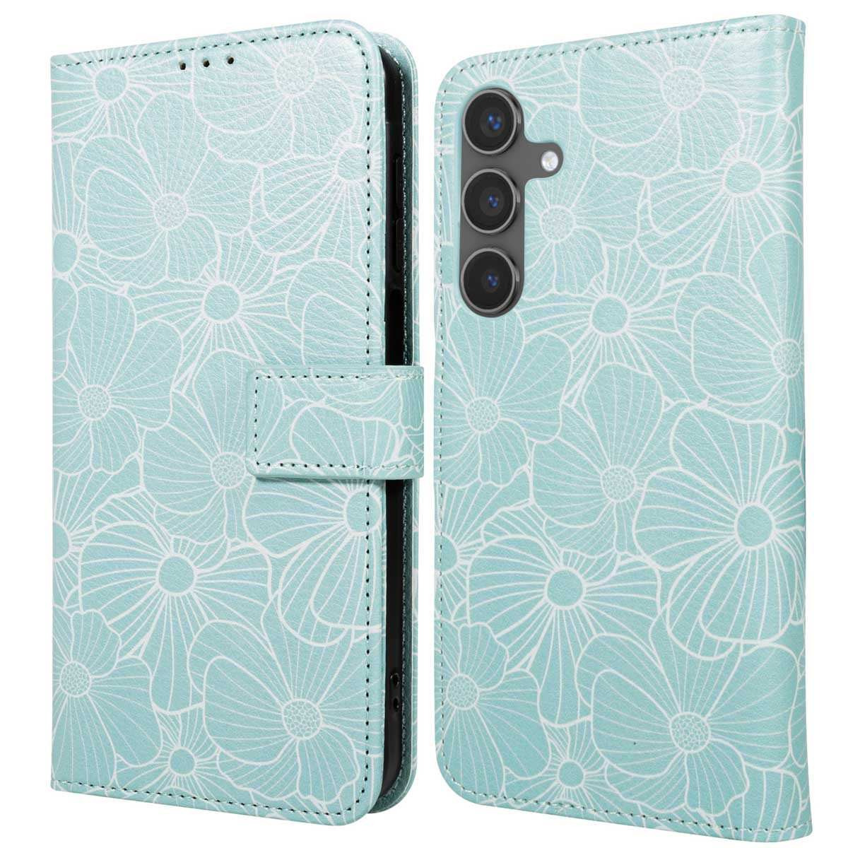 Une coque de téléphone bleu clair avec un motif floral blanc. Elle est ouverte, montrant l'intérieur et la caméra du téléphone.