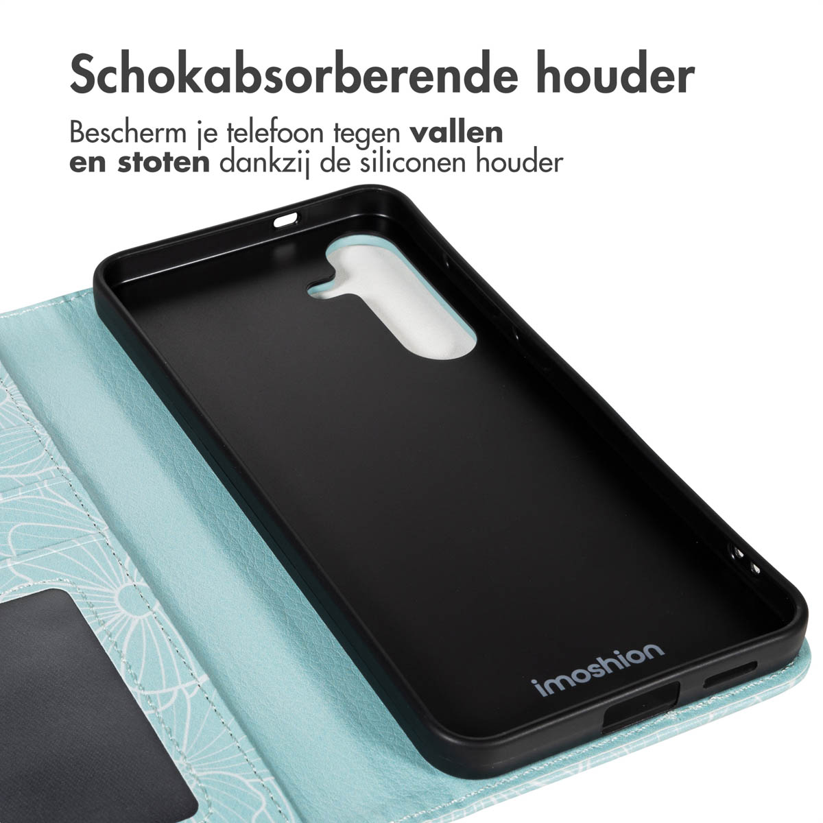 Un étui de téléphone noir avec une couverture bleue est ouvert. Le texte en haut dit 'Support absorbant les chocs'.