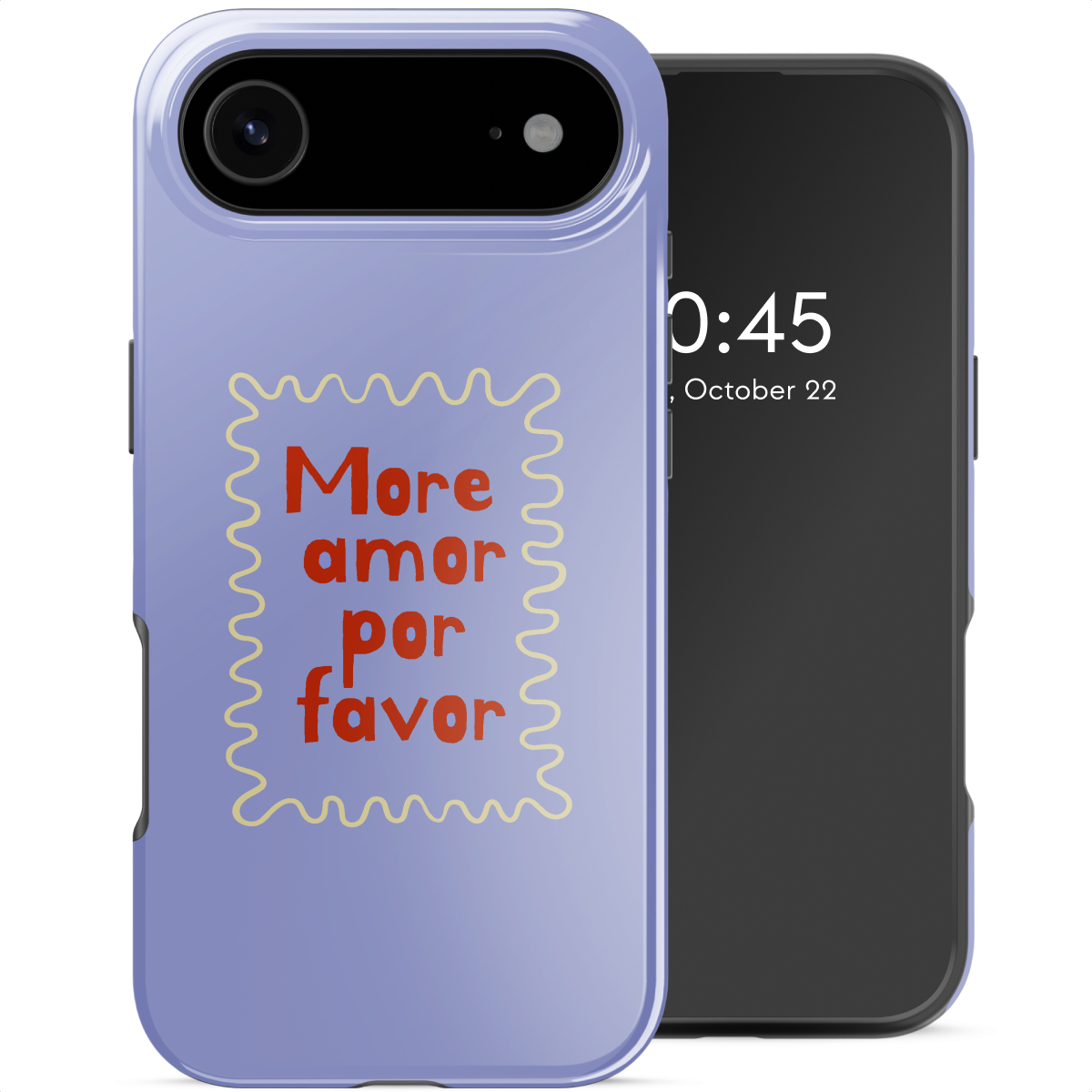 Een telefoon met een paarse hoes met 'More amor por favor'. Het scherm toont tijd en datum.