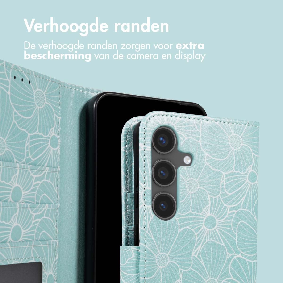 Un étui de téléphone à motif floral est ouvert, révélant un écran de téléphone. Texte néerlandais : 'Bords surélevés' et 'protection supplémentaire'.