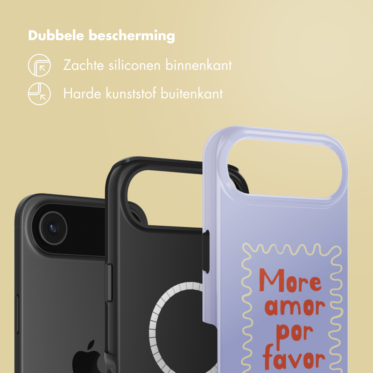 Drie telefoonhoesjes: zwart, zwart met witte cirkel en lavendel met tekst 'More amor por favor', tegen een gele achtergrond.