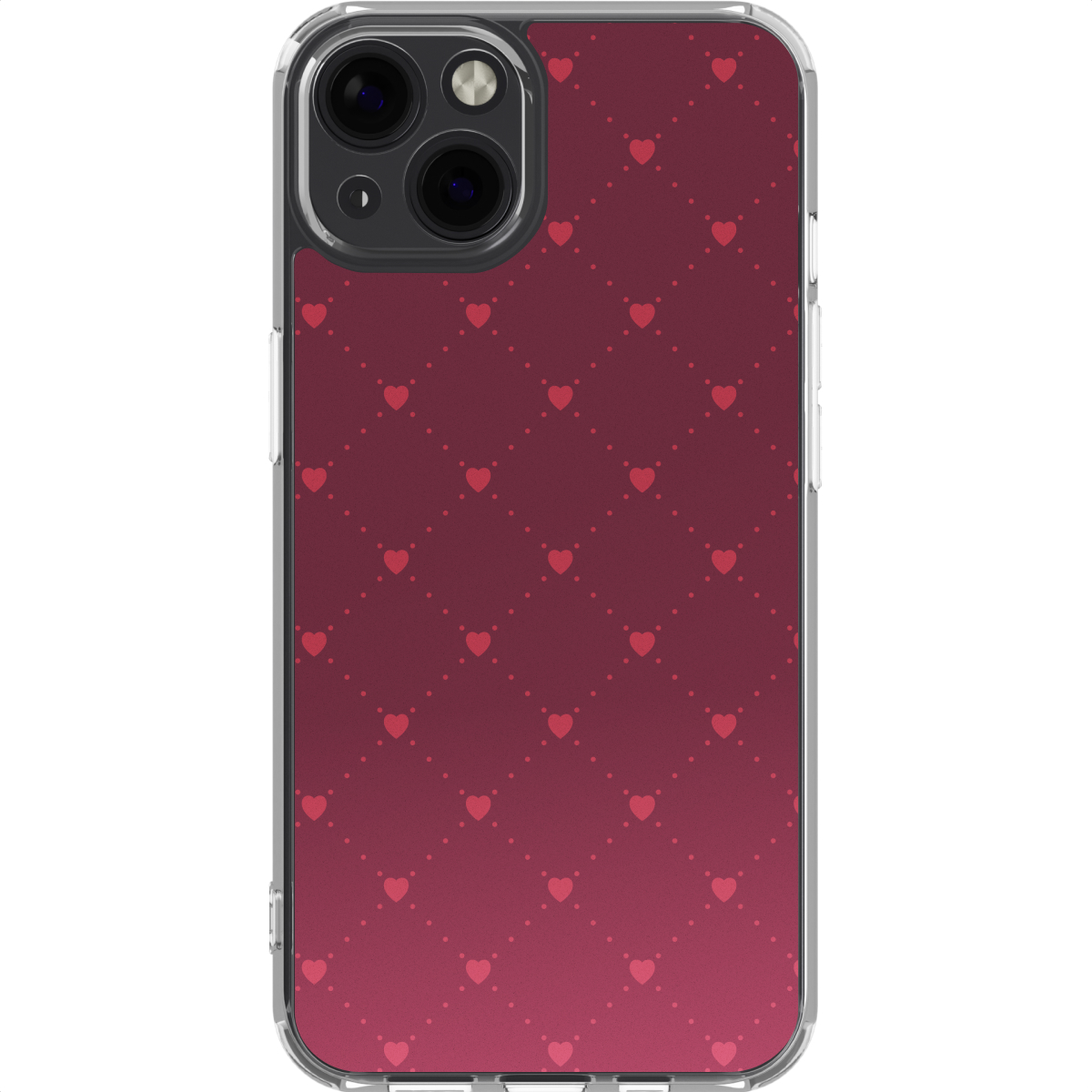 Une coque de téléphone avec un motif de cœurs rouges. La coque est transparente avec un fond rouge dégradé. Le téléphone a plusieurs caméras.